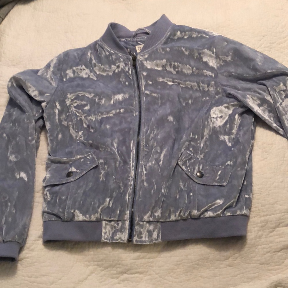 baby blue zip up velvet jacket